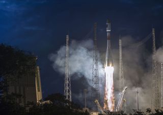 A Soyuz rocket carrying two spacecraft for Europe's Galileo satellite navigation system launches on March 27, 2015 from Europe’s Spaceport in French Guiana.