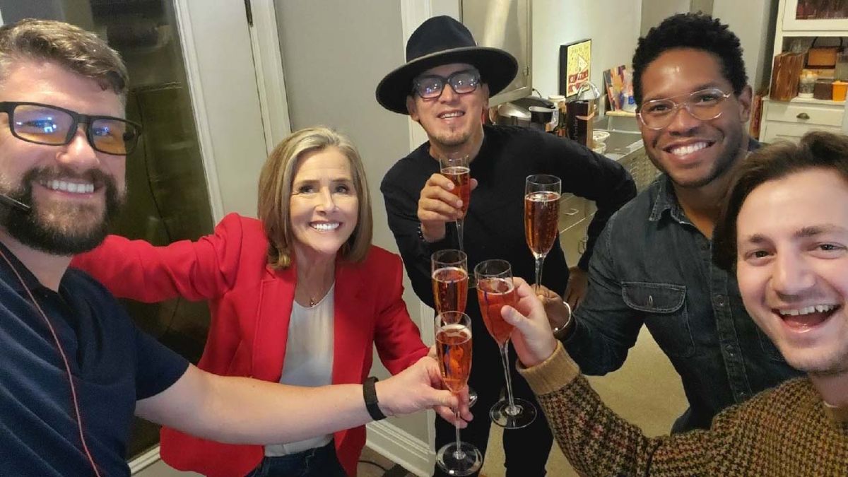 Fox First Run&#039;s &#039;25 Words or Less&#039; team, including Meredith Vieira, celebrate the show&#039;s renewal.