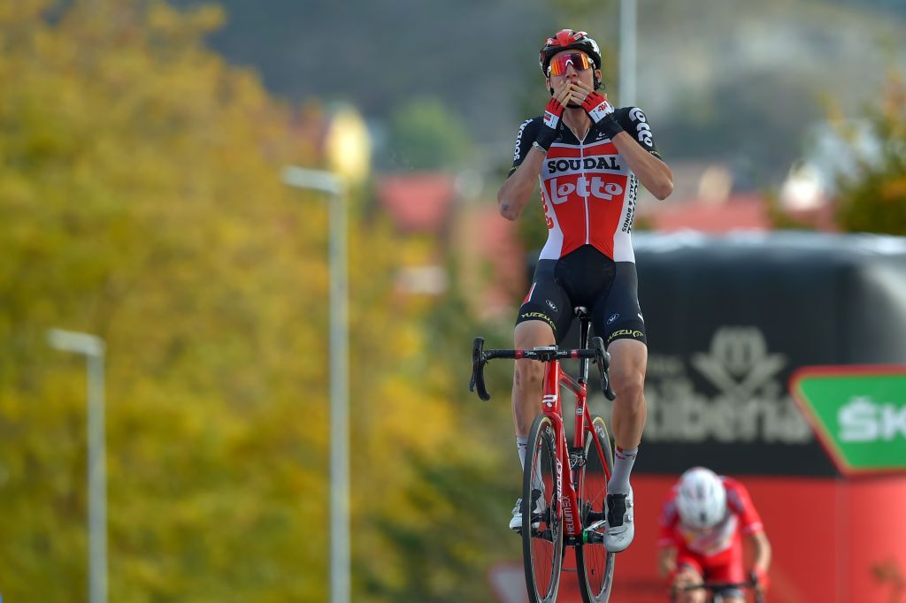 Team Lotto rider Belgiums Tim Wellens celebrates as he crosses the finishline of the 5th stage of the 2020 La Vuelta cycling tour of Spain a 1844km race from Huesca to Sabinanigo on October 24 2020 Photo by ANDER GILLENEA AFP Photo by ANDER GILLENEAAFP via Getty Images
