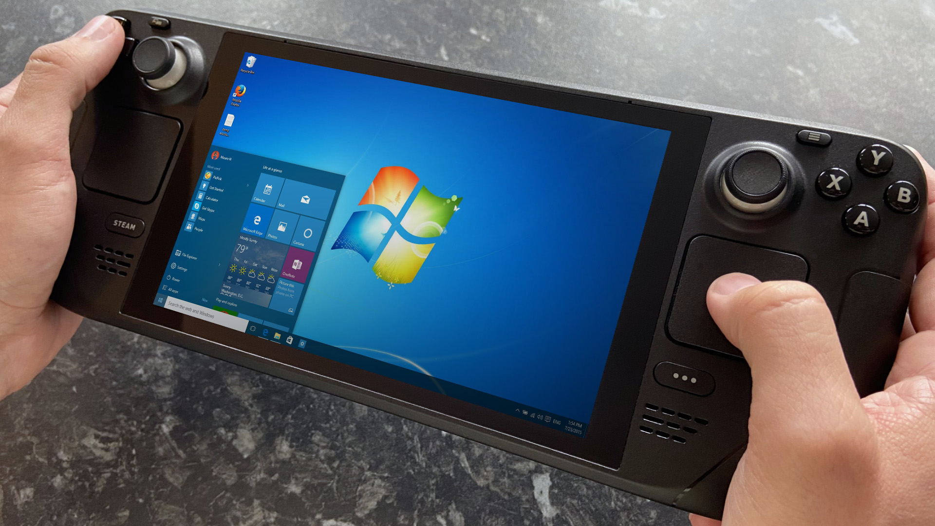Steam Deck mockup with Windows 7 desktop superimposed onto its screen.