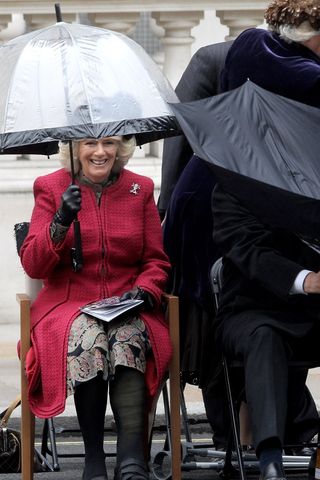 Queen Camilla sat under an umbrella