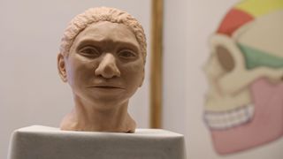 The artistic rendering of the head and face of a 13-year-old girl from the prehistoric human species, the Denisovans, based on technology developed by Hebrew University professor Liran Carmel and his team. The bust was revealed at a news conference in Jerusalem on Sept. 19, 2019.
