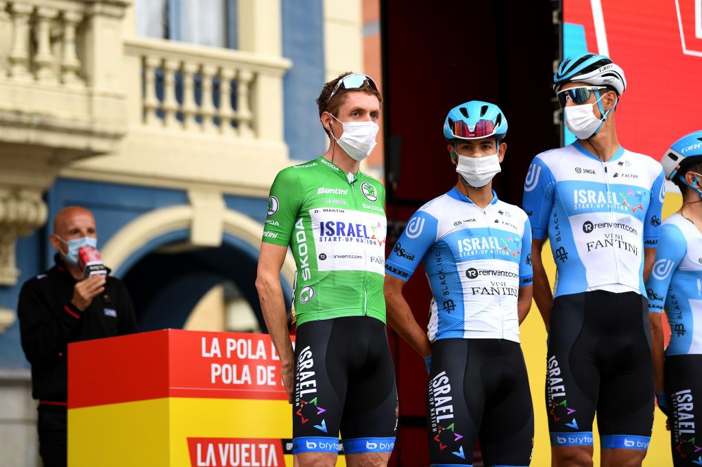 ALTODELANGLIRU SPAIN NOVEMBER 01 Start Daniel Martin of Ireland and Team Israel StartUp Nation Green Points Jersey Mask Covid safety measures Team Presentation during the 75th Tour of Spain 2020 Stage 12 a 1094km stage from Pola de Laviana to Alto de lAngliru 1560m lavuelta LaVuelta20 La Vuelta on November 01 2020 in Alto de lAngliru Spain Photo by David RamosGetty Images