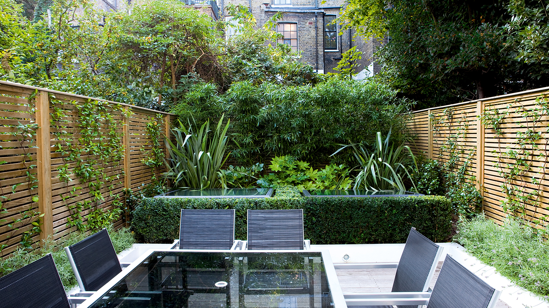 garden with outdoor table with black chairs and slatted wooden fences with climbing plants