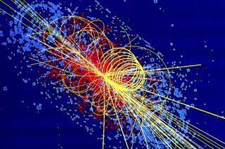 A simulation of a particle collision in which a Higgs boson is produced inside the world's largest atom smasher, the Large Hadron Collider.
