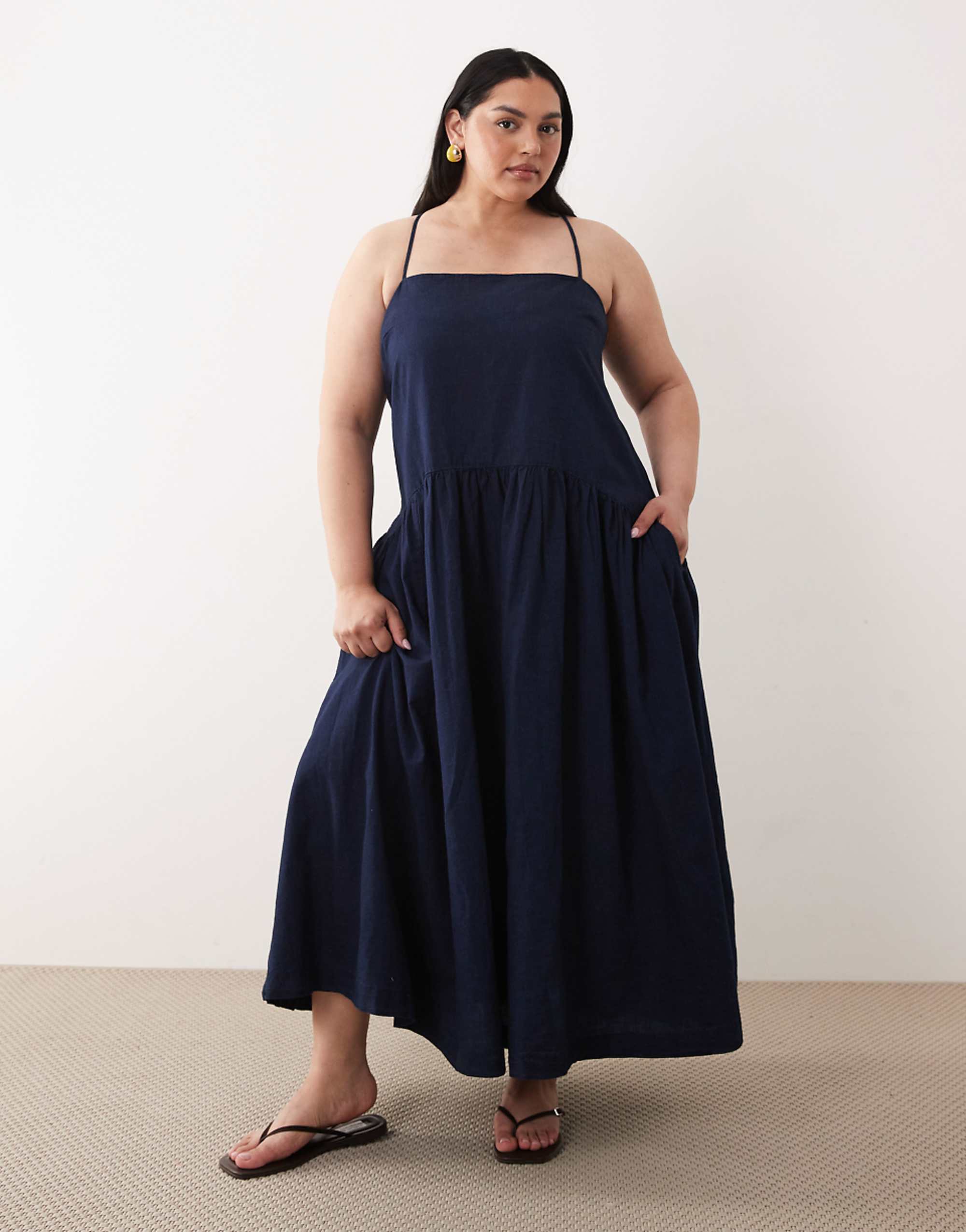 Asos Design Curve Denim Smock Midi Dress With Side Pockets in Inky Wash