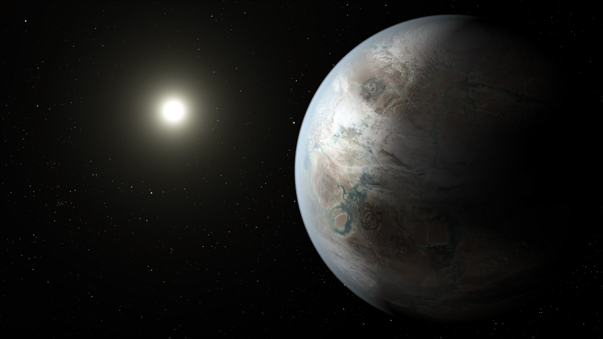 a green-and-white streaked planet on a starry black background near a bright star