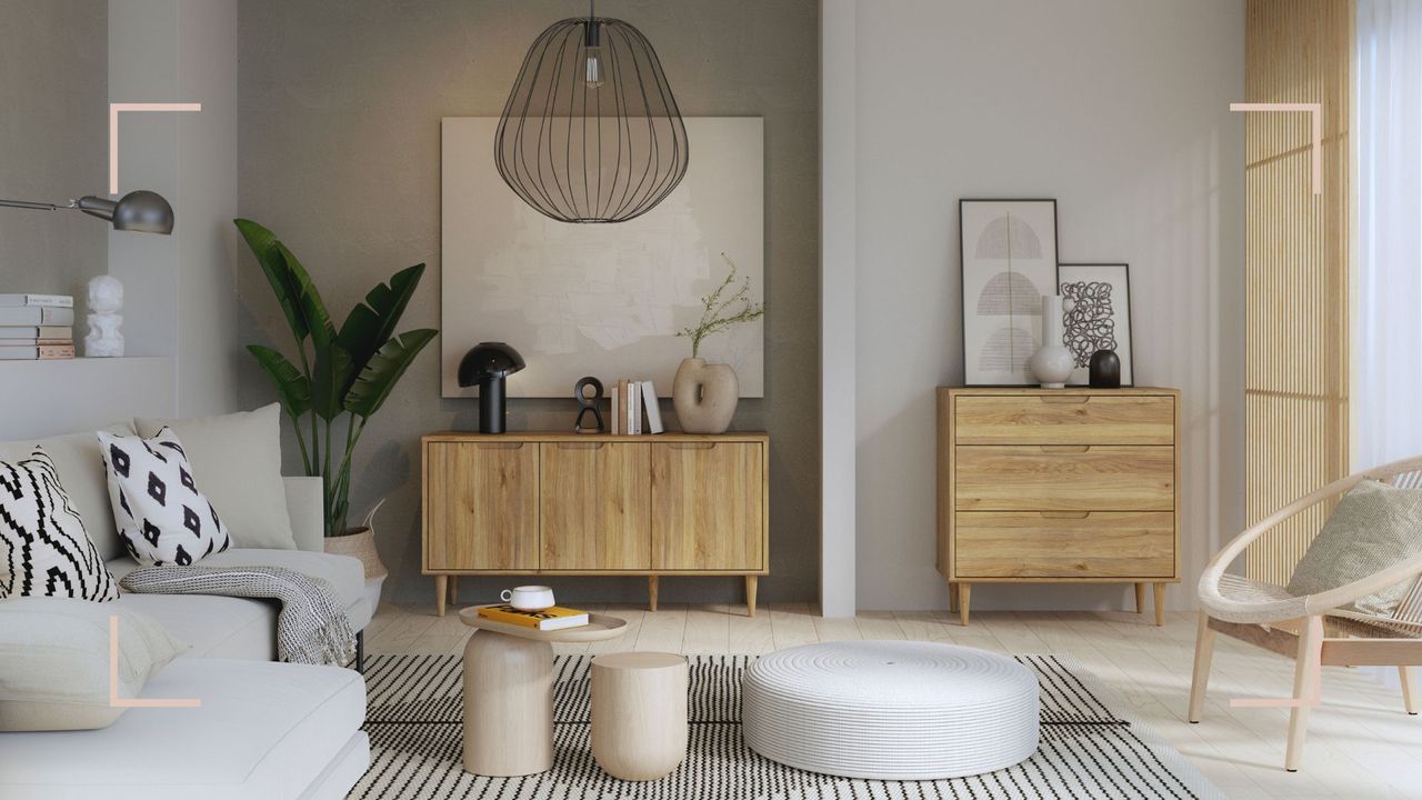 Neutral living room with white sofas and wooden sideboard and cabinet made using EasyKlix by Forte range exclusively at John Lewis