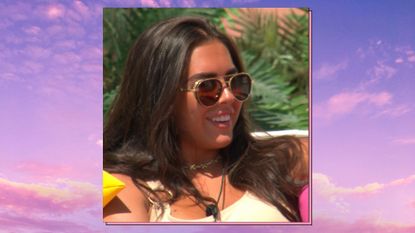 Gemma Owen wearing gold and black sunglasses on Love Island 2022 / in a pink and purple sunset background