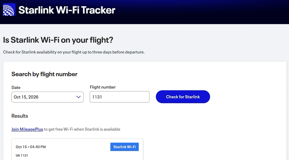 United Airlines Starlink Wi-Fi Tracker Search