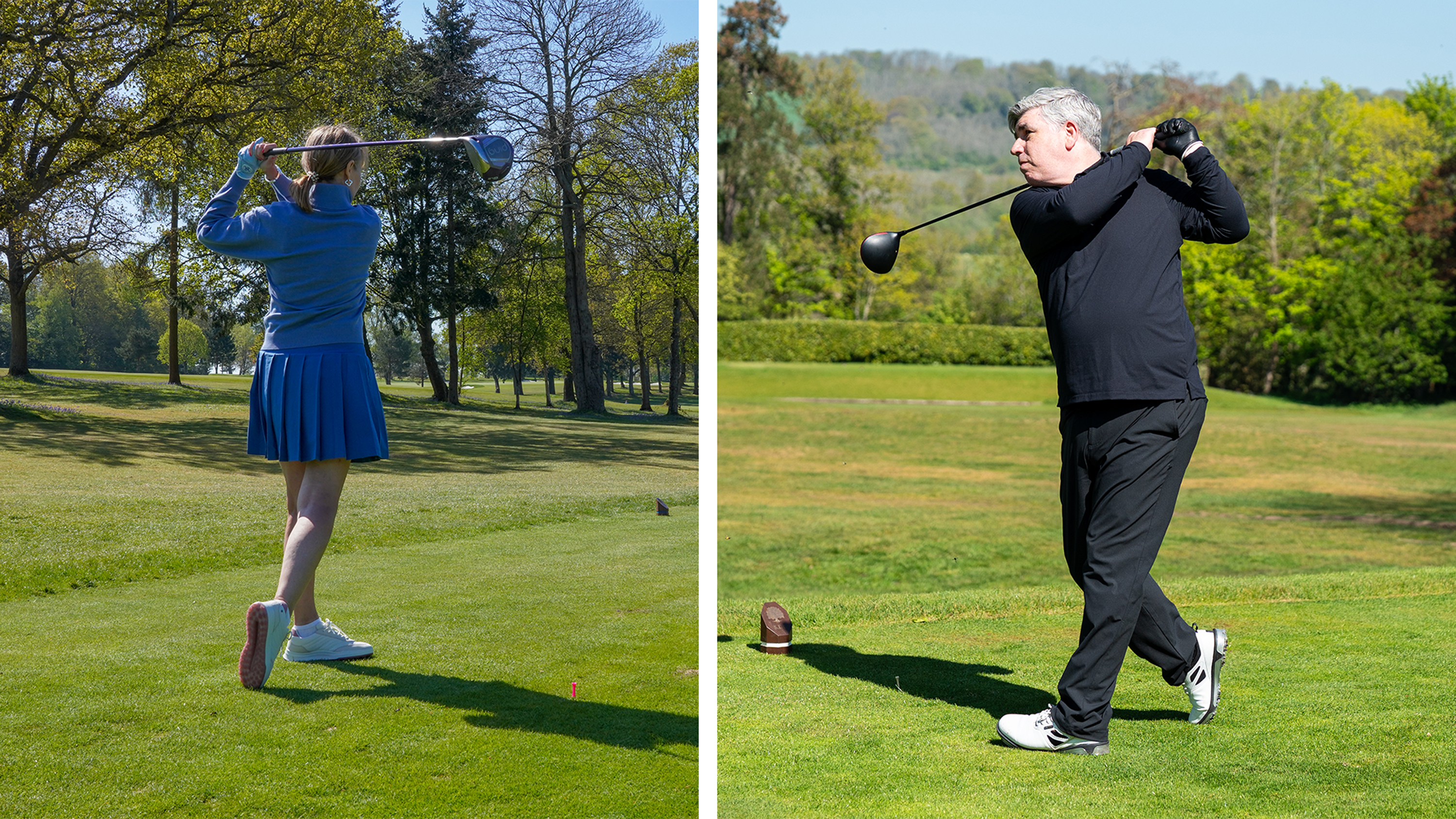 Alison Root and Dave Usher hitting tee shots with driver at Tandridge Golf Club
