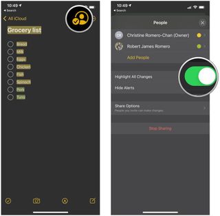 See what changed in a note even when not in real-time in Notes on iPhone by showing: Tap the Collaborate icon, tap the toggle for Highlight All Changes to ON