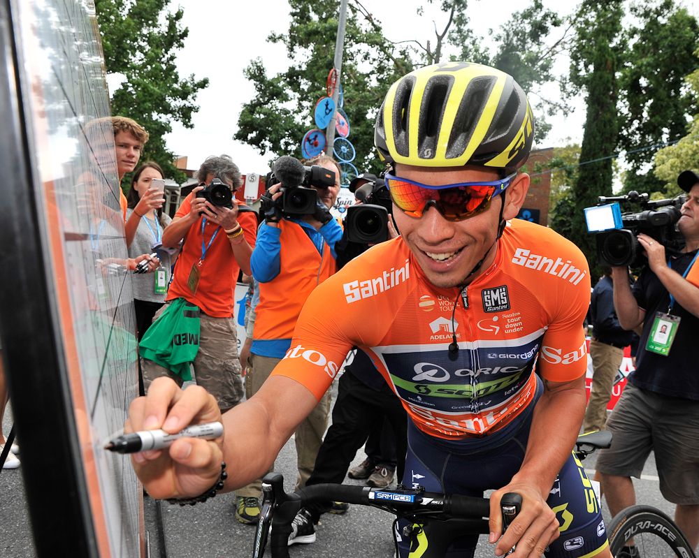 Caleb Ewan signs in before stage 2 at the Tour Down Under