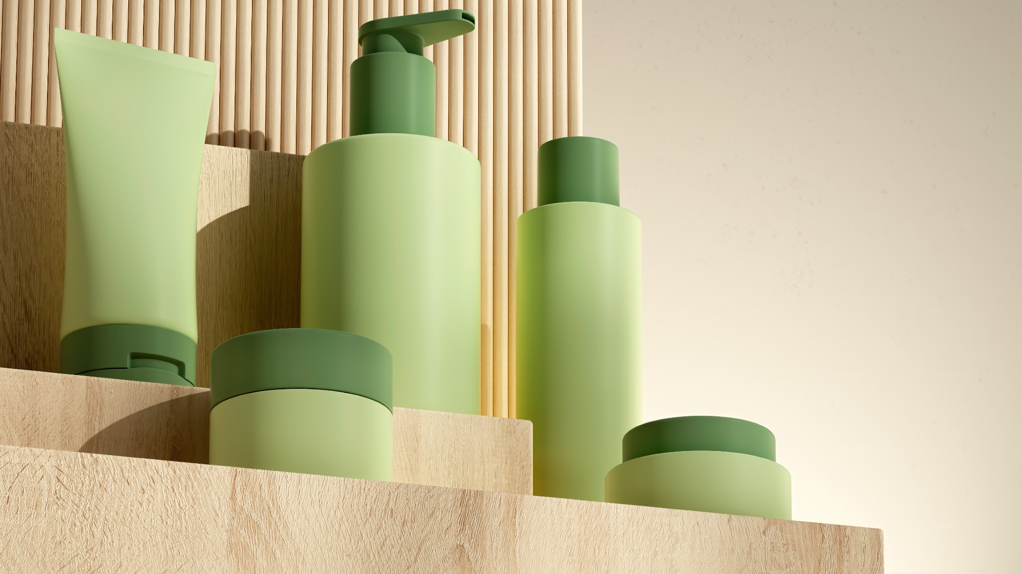 Green cosmetic bottles and containers displayed on a tiered wooden platform.