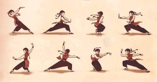 2D art; sketches of a girl doing kung fu