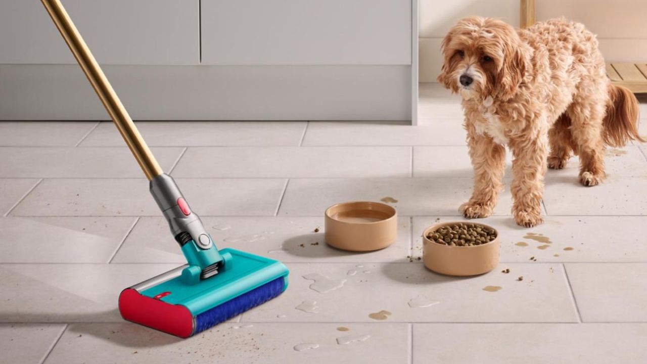 A Dyson V15s Detect Submarine cordless vacuum and mop cleaning a tiled floor next to a dog