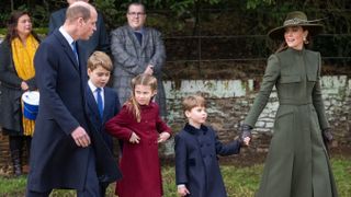 Prince William, Prince of Wales, Prince George, Princess Charlotte, Prince Louis and Catherine, Princess of Wales attend the Christmas Day service at Sandringham Church