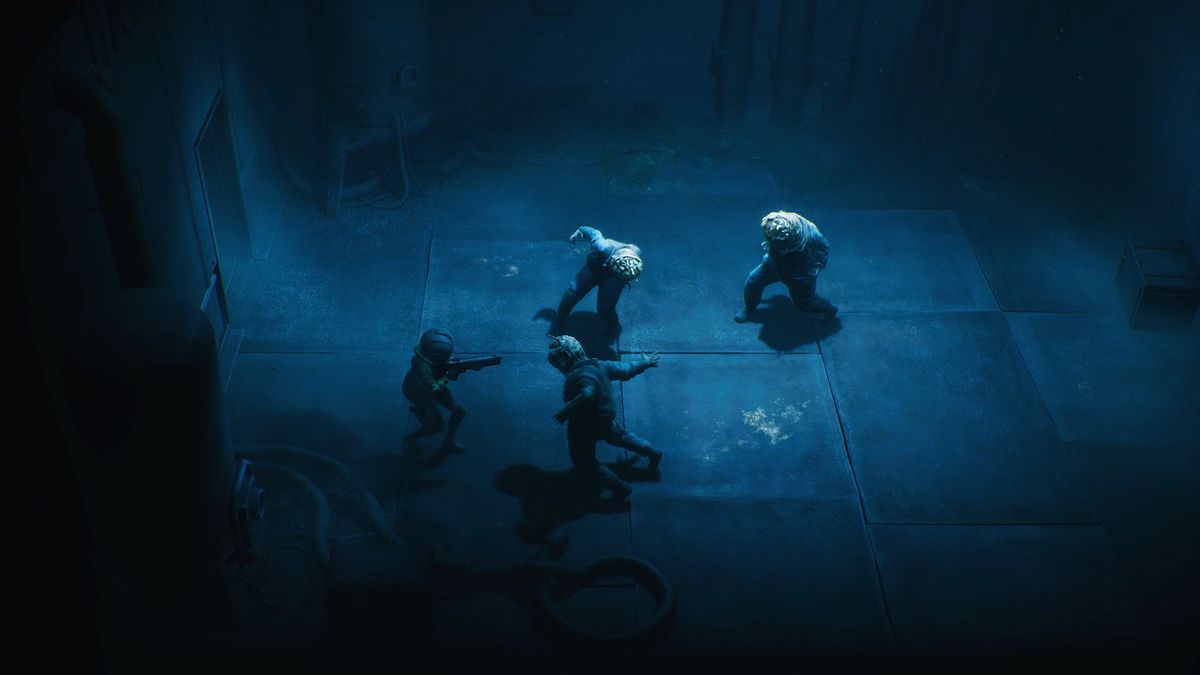 The player aims a shotgun at three zombie-like shambling enemies within a dark room in End of Abyss