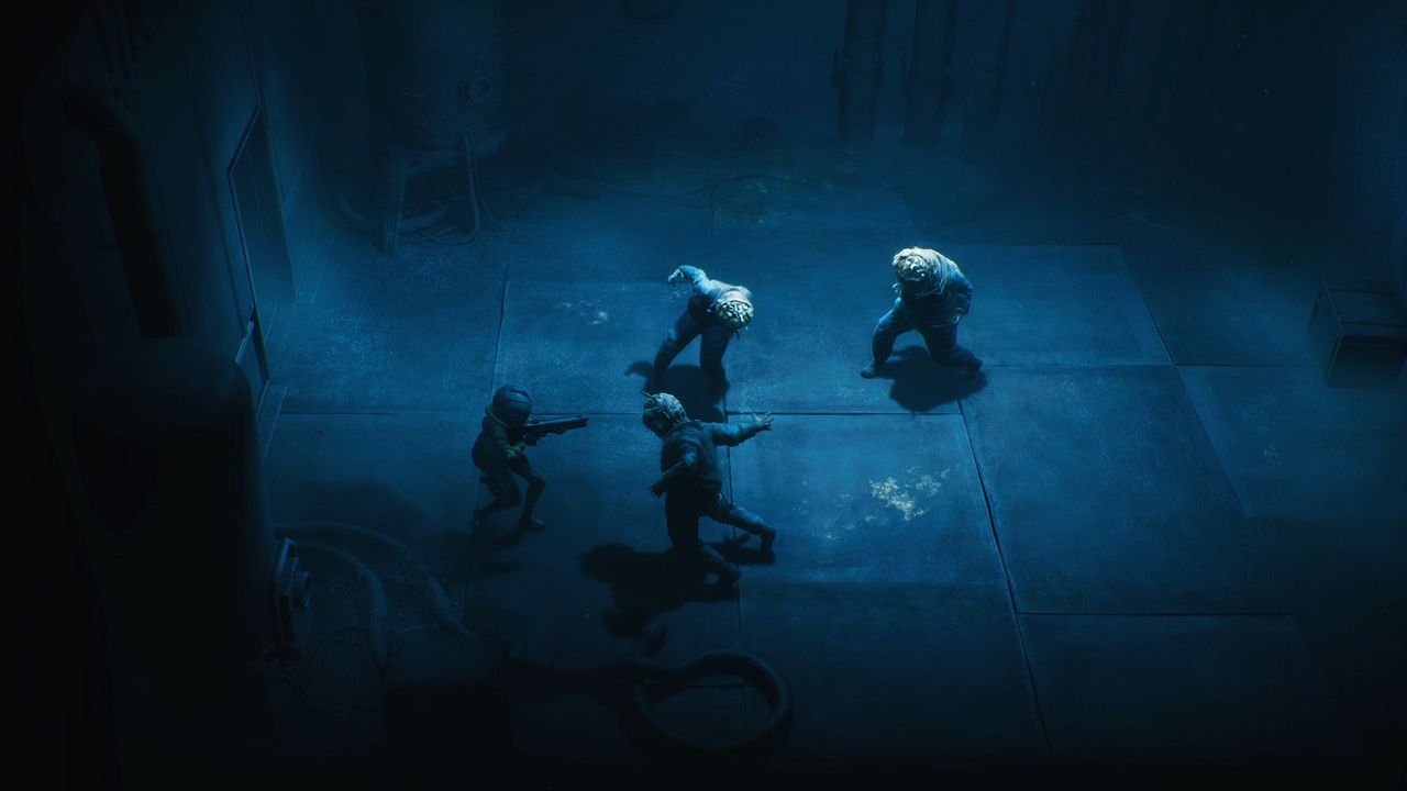 The player aims a shotgun at three zombie-like shambling enemies within a dark room in End of Abyss