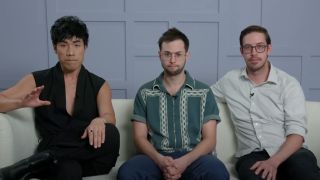 Left to right: Eugene Lee Yang, Zach Kornfeld and Keith Habersberger sitting on a couch together.