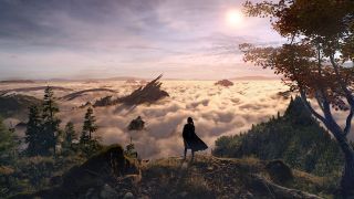 Forspoken Kloros guild - Frey looking out over a foggy, cloud-filled landscape