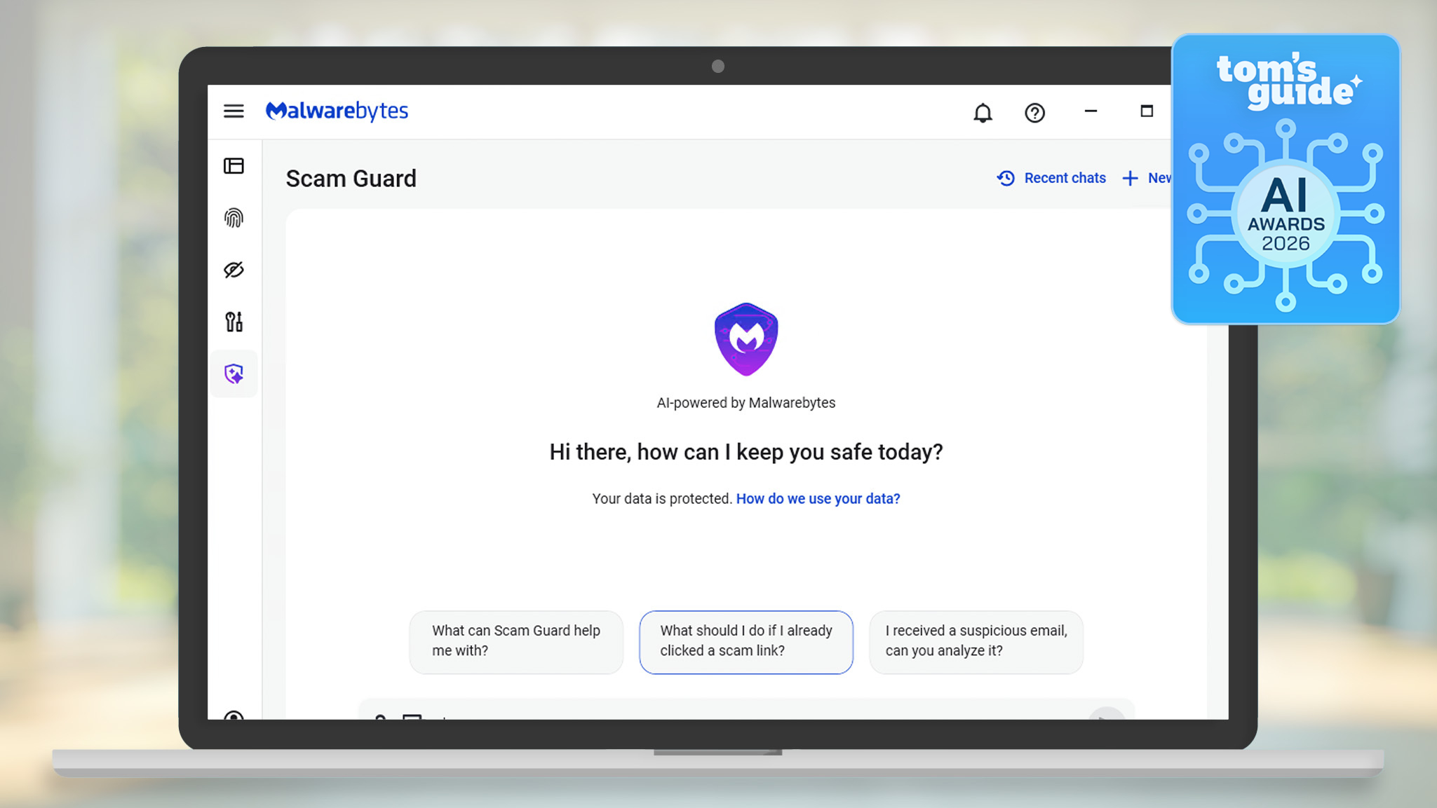 Malwarebytes Scam Guard running on a laptop with a Tom's Guide AI Awards 2026 badge
