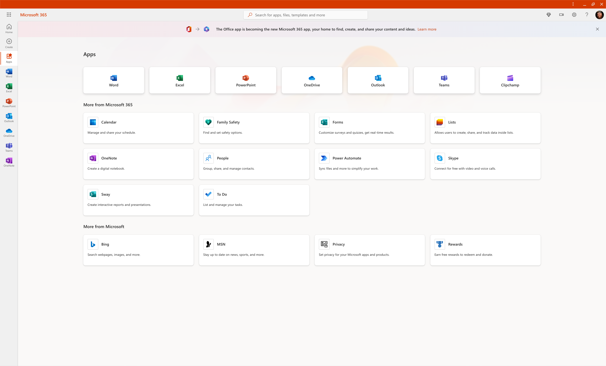 Gaveta de aplicativos PWA do Microsoft Office 365 no Chromebook