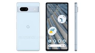 Alleged leaked renders of Google Pixel 7a in blue — back, front, and side view on a white background