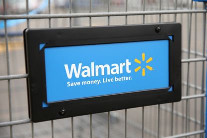 The Walmart logo on a shopping cart