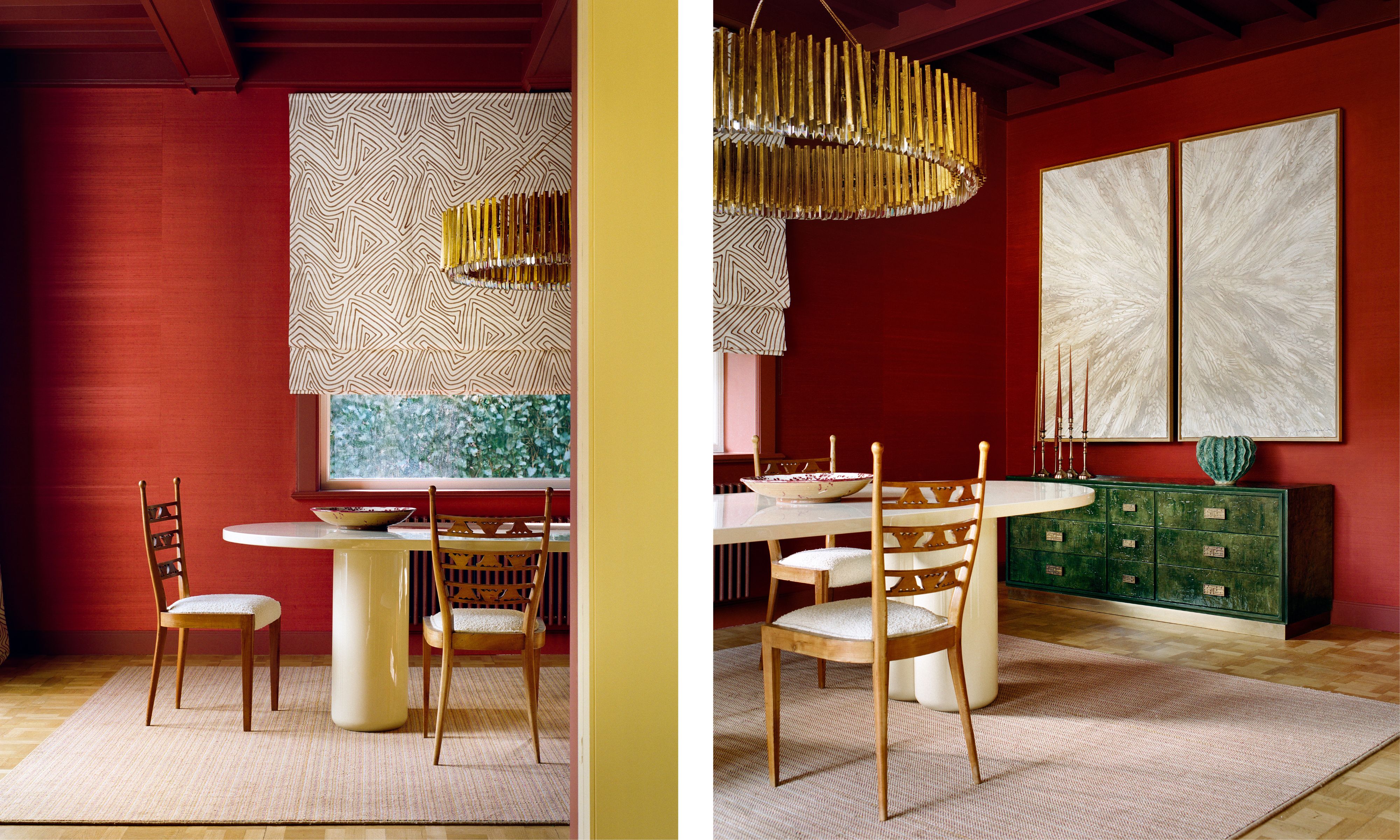 two side by side images of red silk wrapped dining room with green credenza, marble table and pine chairs