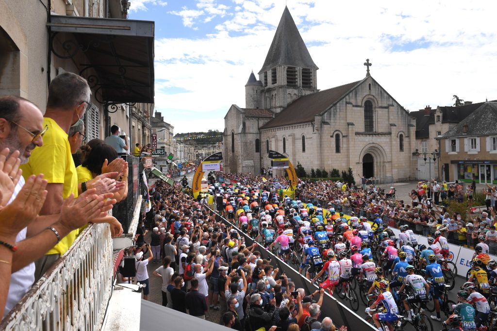 SARRAN CORRZE FRANCE SEPTEMBER 10 Start Chauvigny Village Peloton Landscape Fans Public during the 107th Tour de France 2020 Stage 12 a 218km stage from Chauvigny to Sarran Corrze 658m TDF2020 LeTour on September 10 2020 in Sarran Corrze France Photo by Tim de WaeleGetty Images