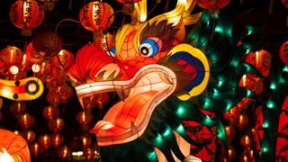 a brightly colored dragon-shaped lantern lit up at night surrounded by red spherical lanterns covered in Chinese characters