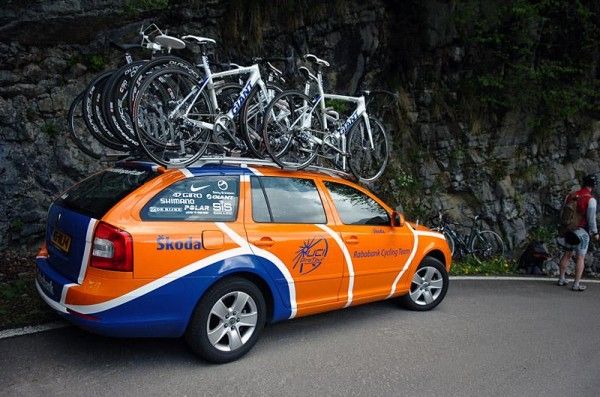 The Rabobank team car at the accident scene of its Spanish rider Pedro Horrillo.