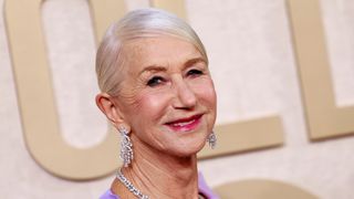 Helen Mirren pictured with white, glossy hair at the 81st annual Golden Globe Awards at The Beverly Hilton hotel in Beverly Hills, California, on January 7, 2024.