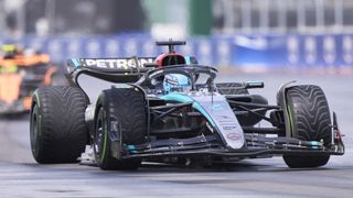 George Russell in his blue and grey coloured Mercedes F1 car