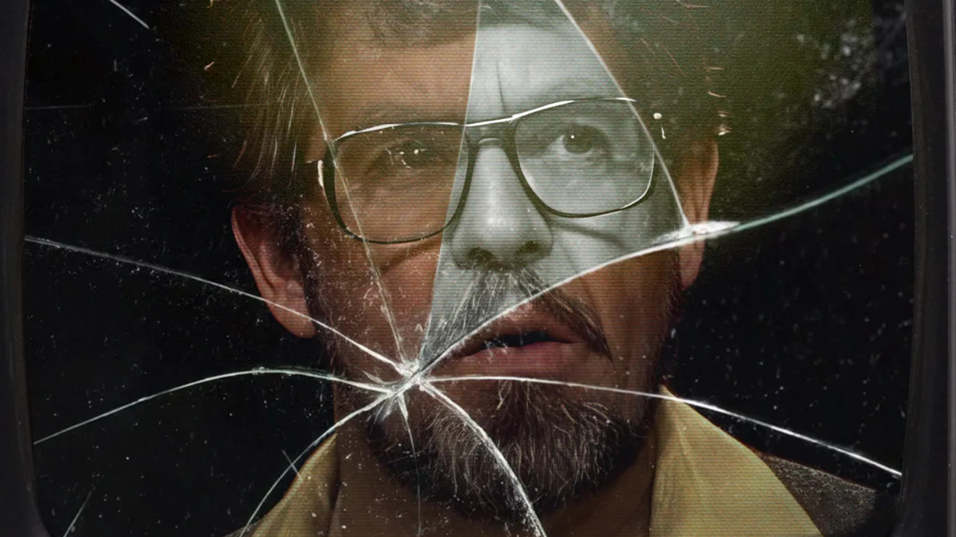 Photo of Rolf Harris behind cracked glass in documentary "Rolf Harris: Primetime Predator"