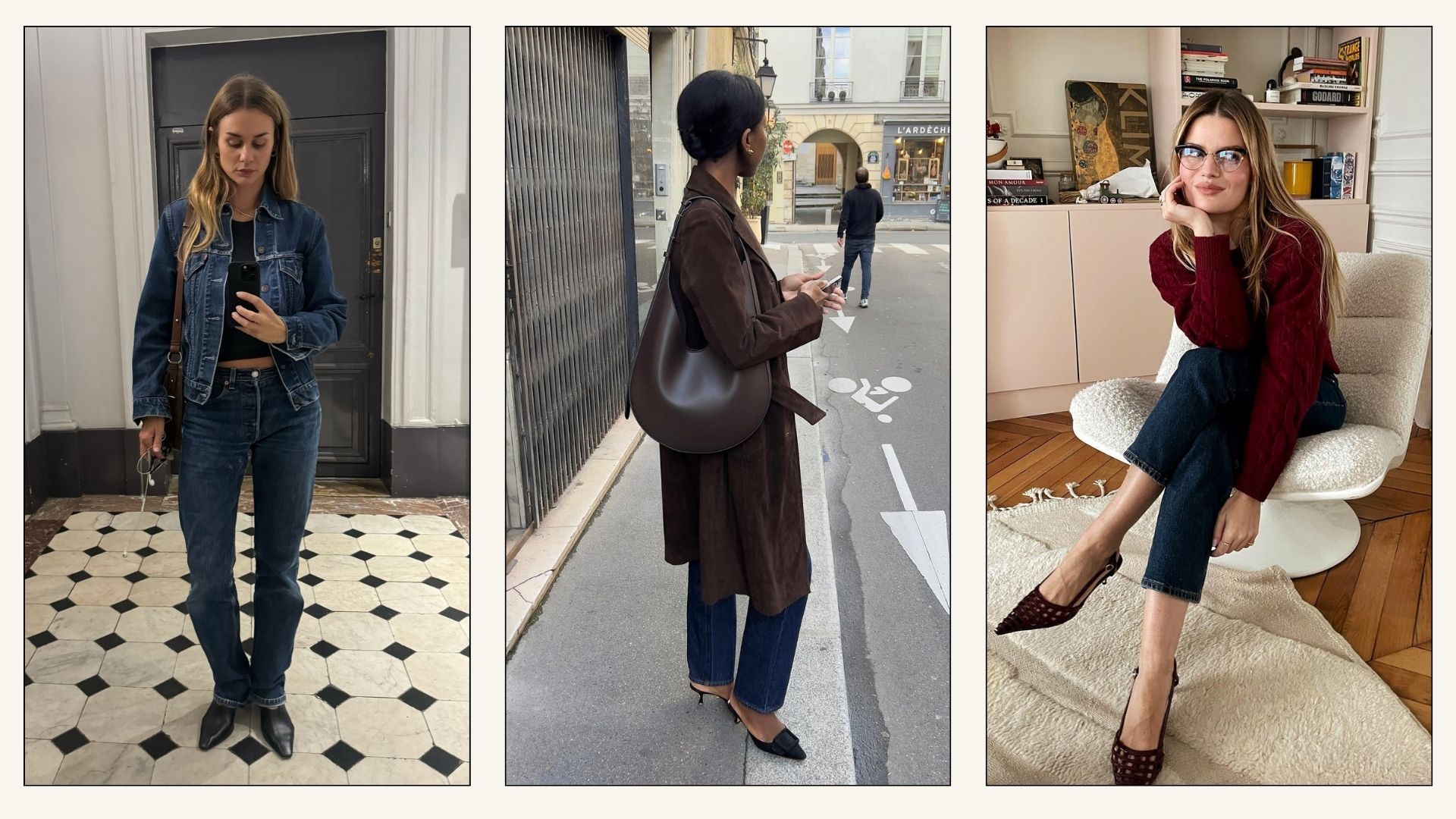 Collage of influencers wearing dark wash straight leg jeans with boots and heels.