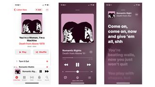 Screenshots from Apple Music that show a song playing and lyrics overlaid on the screen.