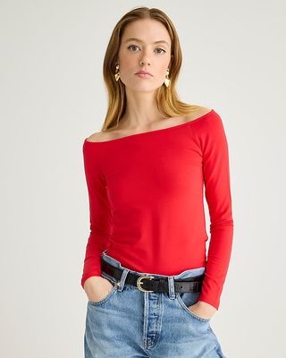 Off-The-Shoulder Long-Sleeve Shirt In Stretch Cotton