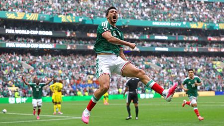 Raul Jimenez of Mexico celebrates scoring in the opening game of World Cup 2026