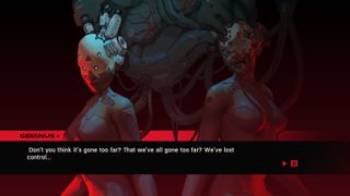 Two unhealthy-looking cybernetic women are plugged into the same machine