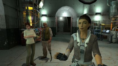 In Half-Life 2, Alyx Vance gestures towards the player who's viewing the scene from a first-person perspective while Dr Eli Vance looks on next to Judith Mossman 