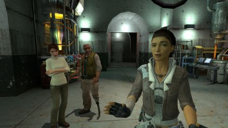 In Half-Life 2, Alyx Vance gestures towards the player who's viewing the scene from a first-person perspective while Dr Eli Vance looks on next to Judith Mossman 