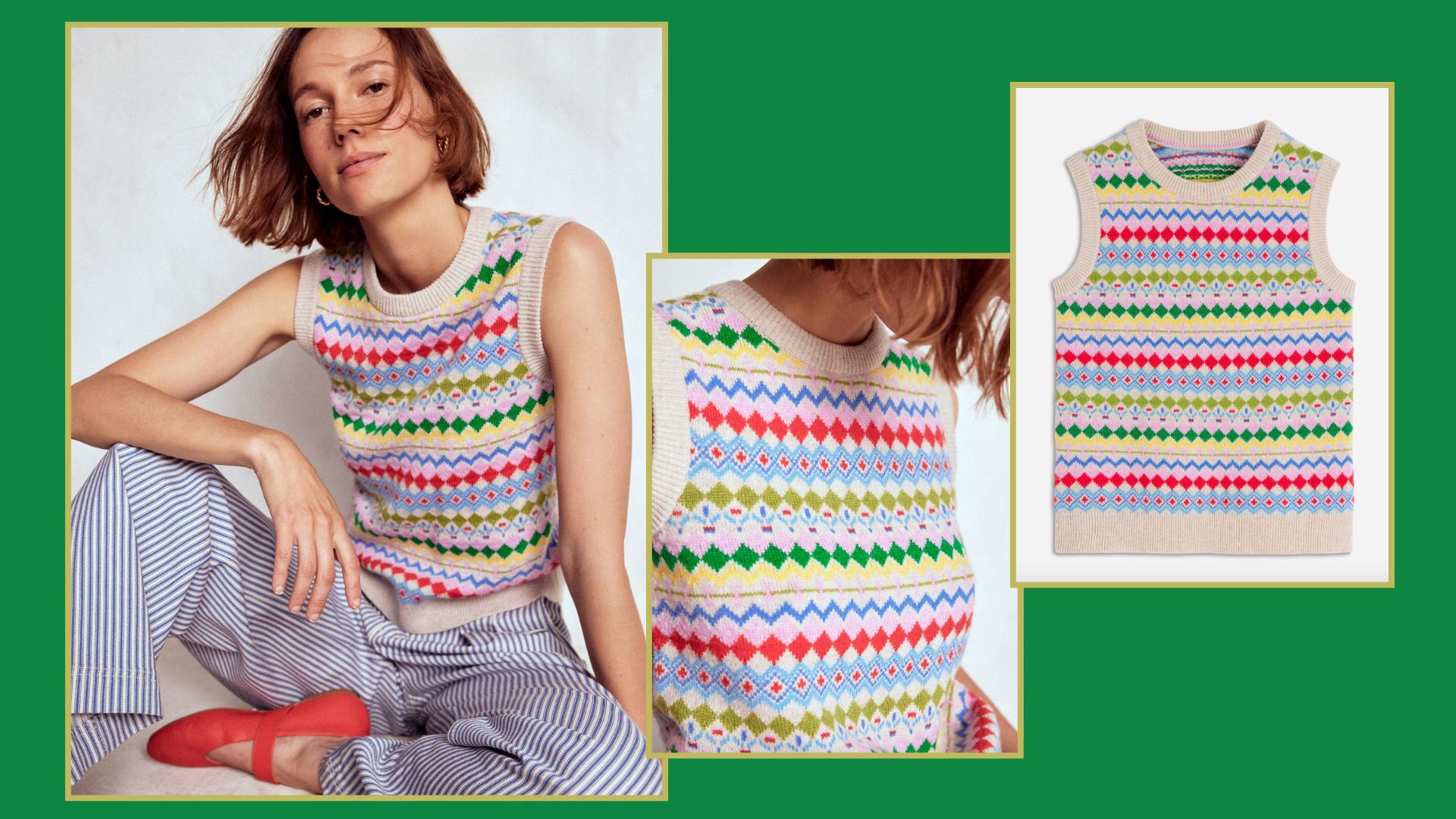 a model wearing the knitted boden tank top next to a flat lay shot