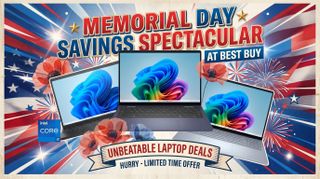 Memorial Day Savings Spectacular banner for Best Buy featuring three Dell laptops with vibrant screens. Background includes fireworks, stars, and red, white, and blue colors. Text highlights unbeatable laptop deals and limited time offer.