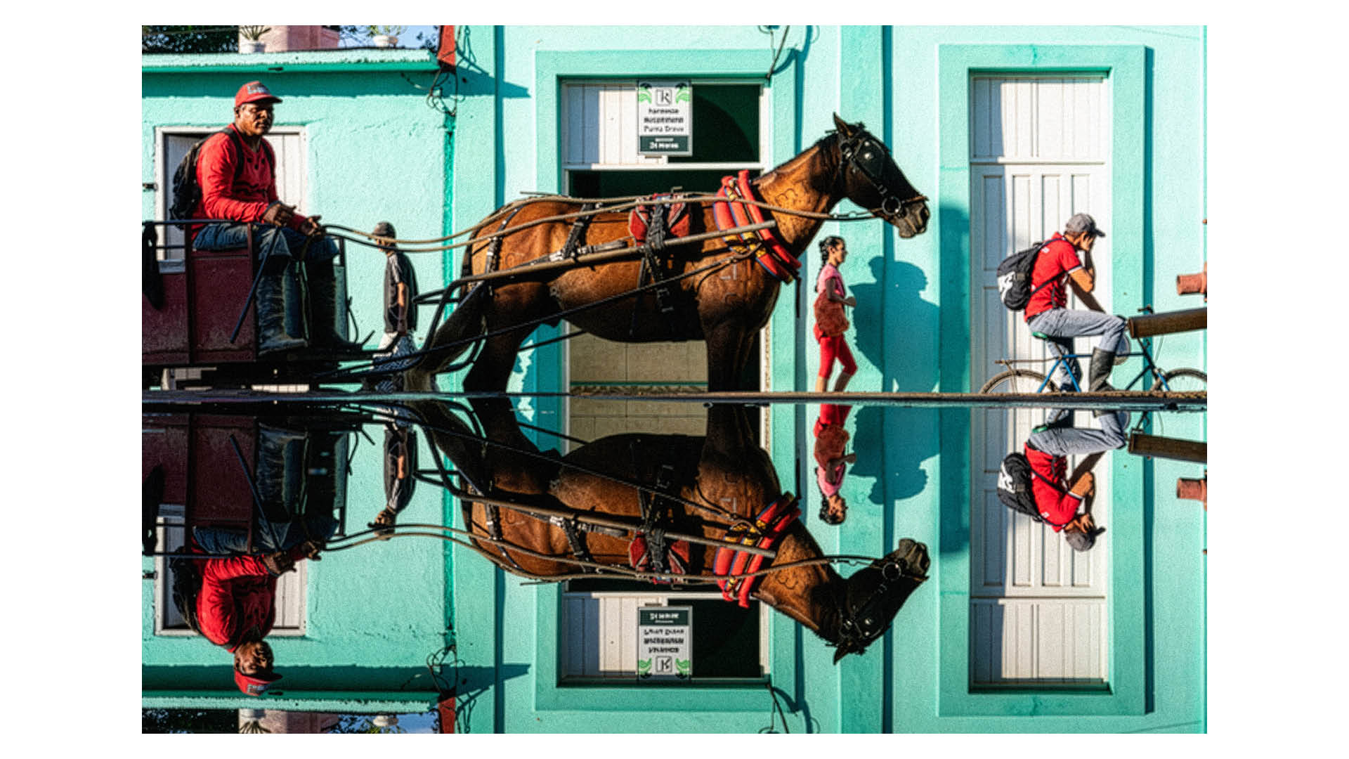 Photograph of a street scene in Cuba showing a horse and cart against a light green building, with the image reflected in the bottom half of the frame. Captured by street photographer Flavio Bosi, who will be speaking at The Photography &amp; Video Show 2026 on the Light &amp; Land stand (B87)