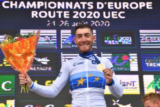 PLOUAY FRANCE AUGUST 26 Podium Giacomo Nizzolo of Italy Gold Medal European Champion Jersey Celebration during the 26th UEC Road European Championships 2020 Mens Elite a 17745km race from Plouay to Plouay UECcycling EuroRoad20 on August 26 2020 in Plouay France Photo by Luc ClaessenGetty Images