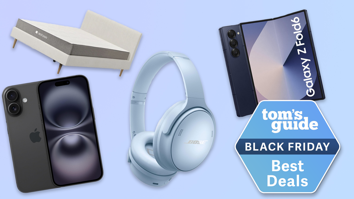 a composite image with a tom&#039;s guide deals badge, Apple iphone 16, Samsung z fold 6, Bose quietcomfort headphones, Nectar memory foam hybrid mattress