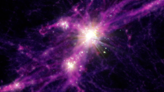 two clusters of sparkling light radiate purple streaks across a black canvas