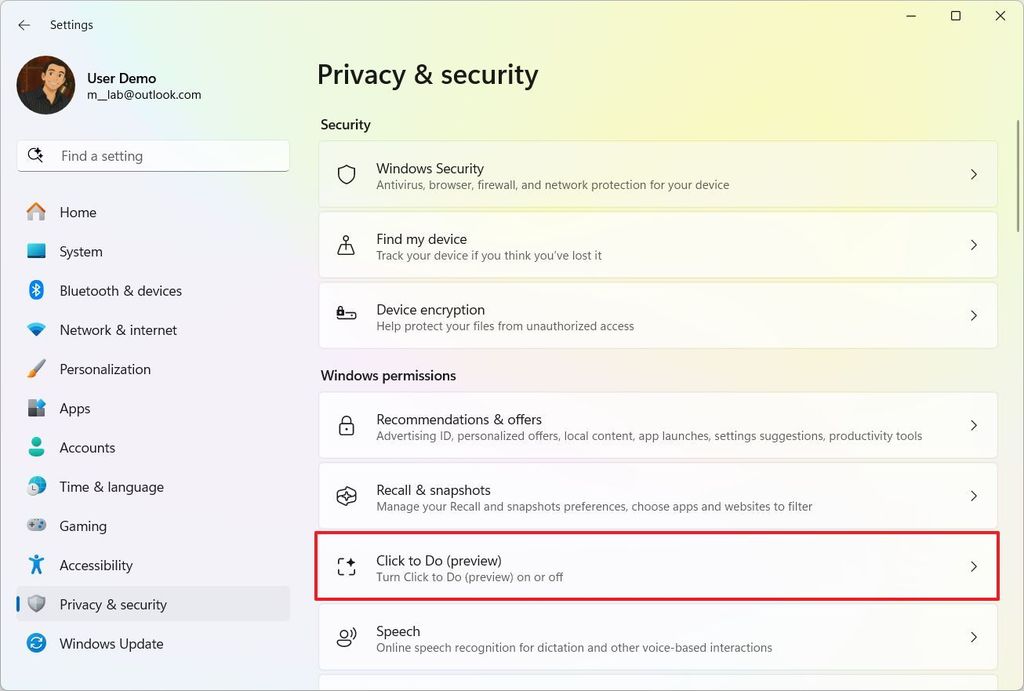 Click to Do settings